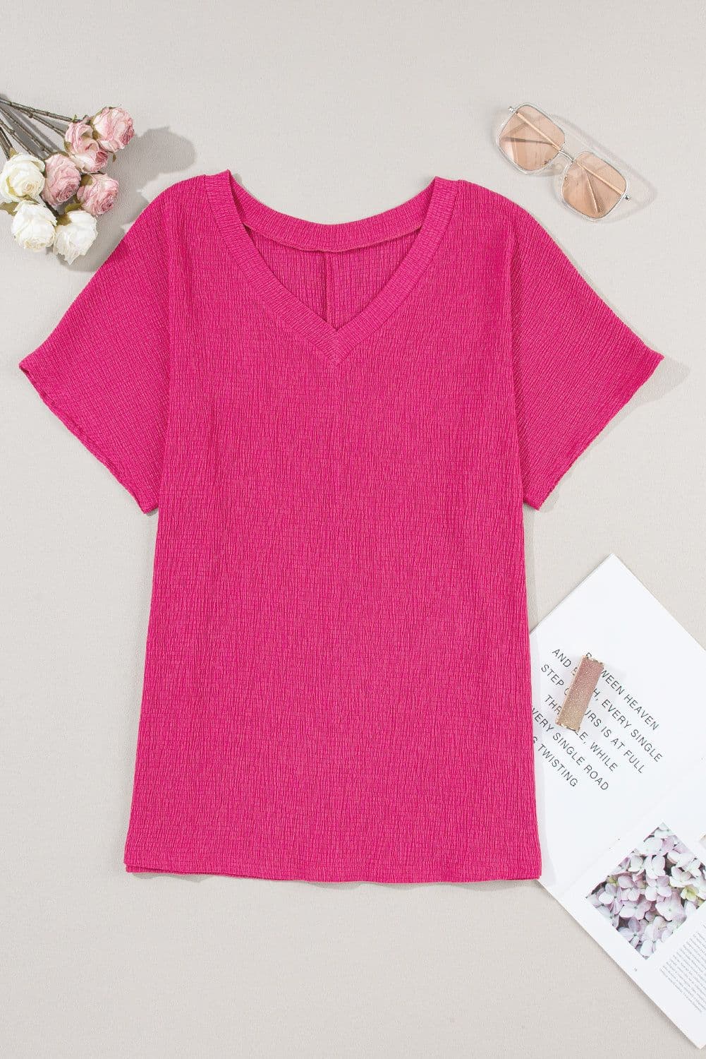 image-Blue Sapphire Crinkled V Neck T-shirt - Women's Fashion