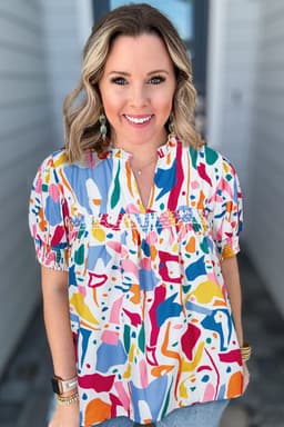 image-White Abstract Print Puff Sleeve Blouse - Plus Size