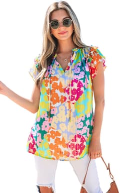 image-Leopard Flutter Sleeve V Neck Crinkled Blouse - Multicolour
