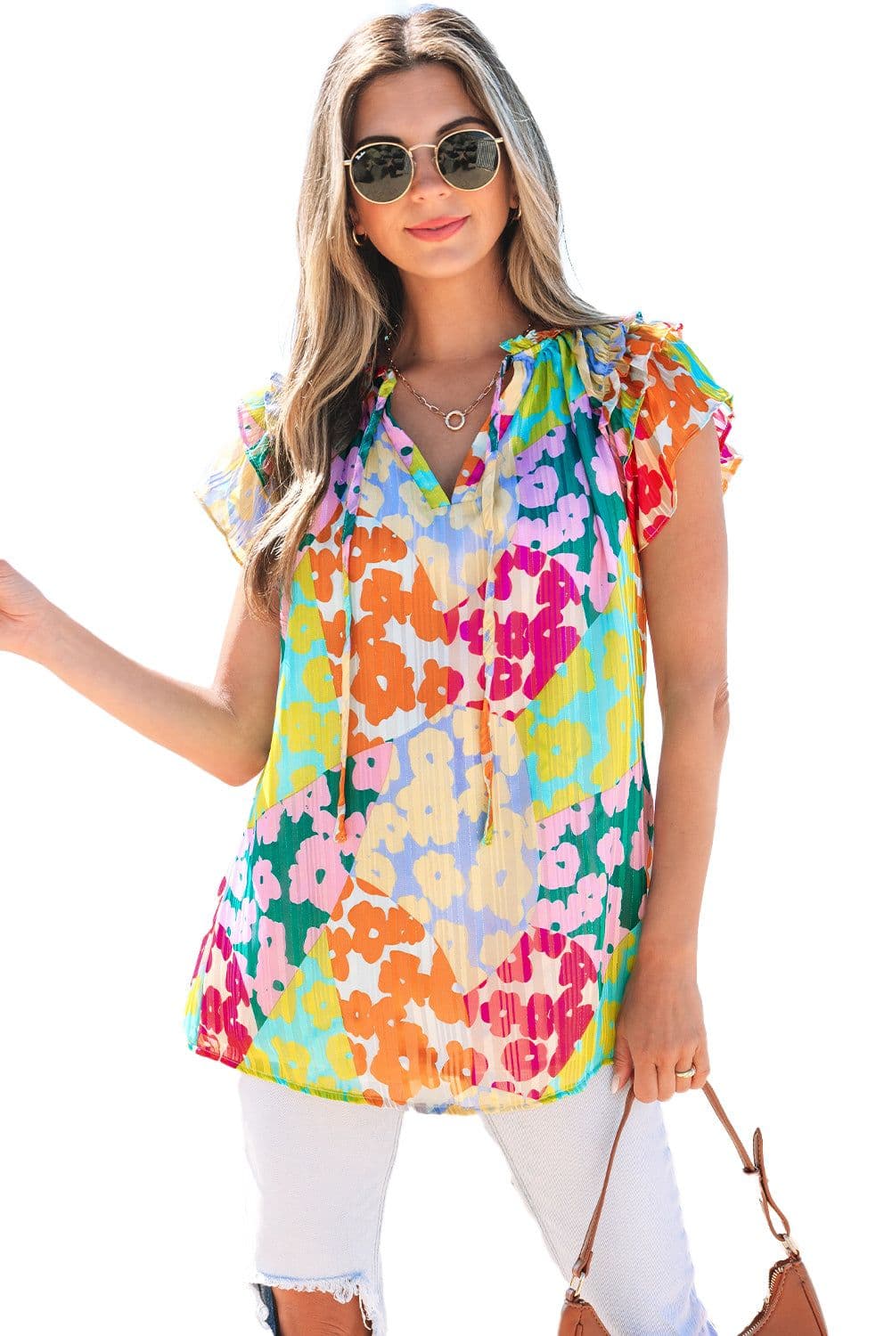 image-Leopard Flutter Sleeve V Neck Crinkled Blouse - Multicolour