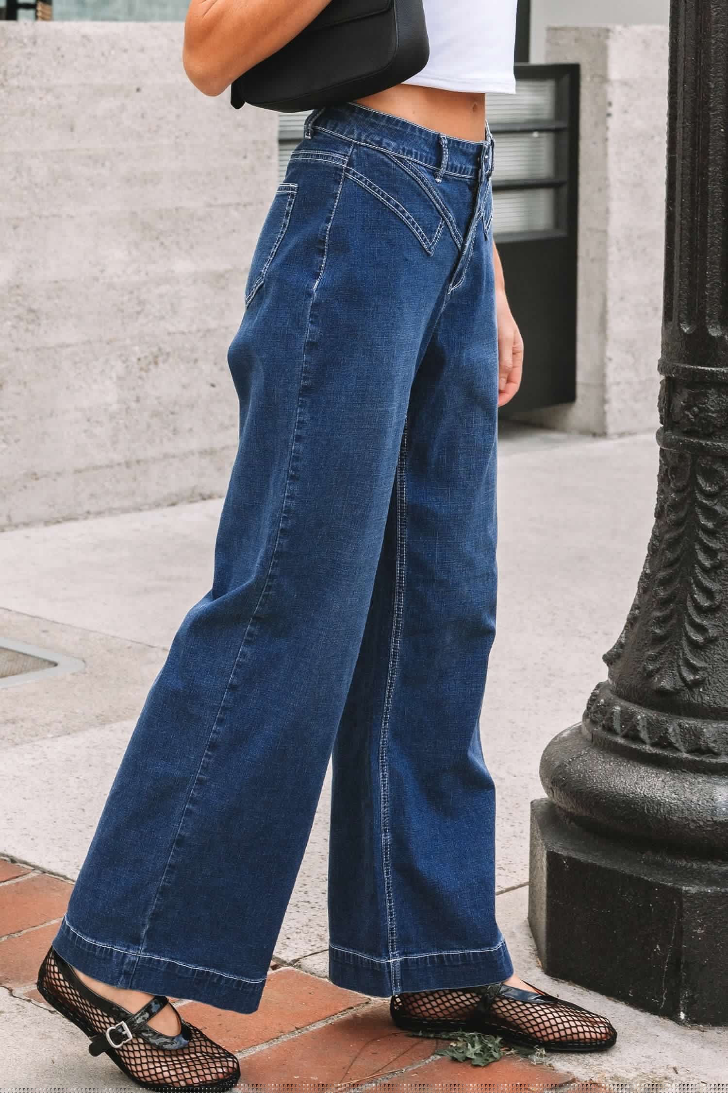 image-Sail Blue Stitched Waist Detail Loose Cuffed Jeans
