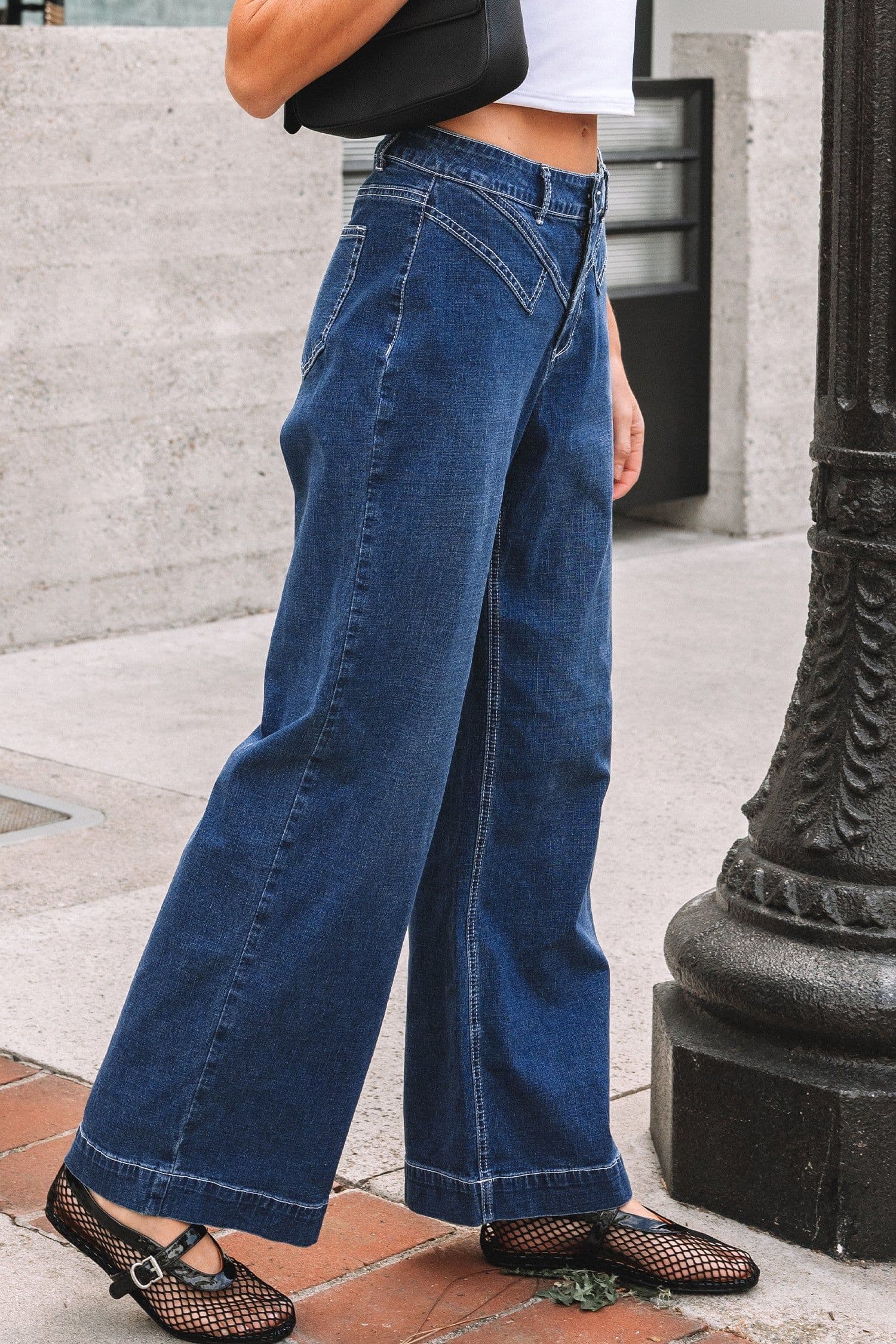 image-Sail Blue Stitched Waist Detail Loose Cuffed Jeans
