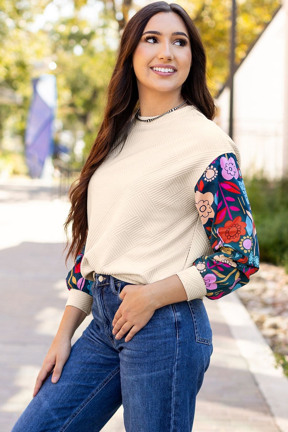 image-White Floral Sleeve Drop Shoulder Knit Top