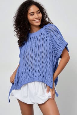 image-Pink Plus Size Open Knit Bow Tie Short Sleeve Sweater