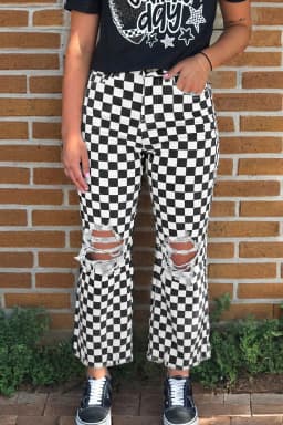 image-Black Checkerboard Print Distressed Cropped Jeans