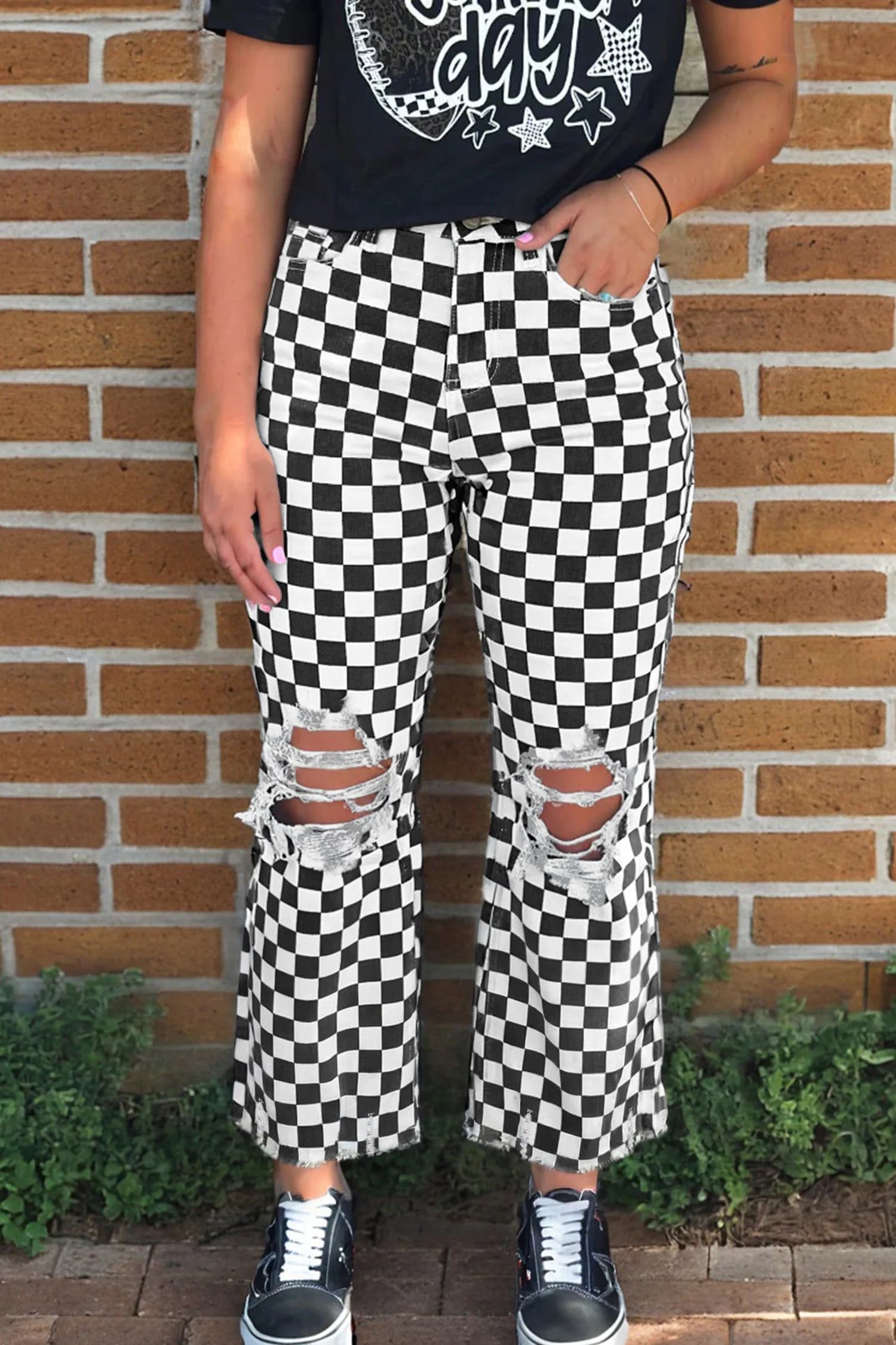 image-Black Checkerboard Print Distressed Cropped Jeans