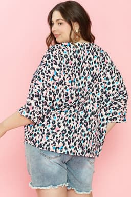 image-Brown Leopard Print V Neck Batwing Sleeve Top