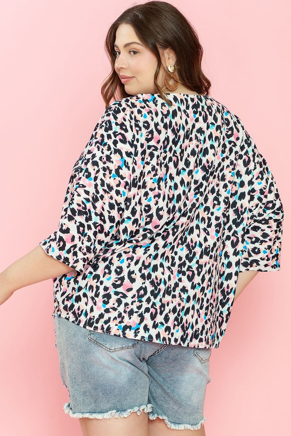 image-Brown Leopard Print V Neck Batwing Sleeve Top