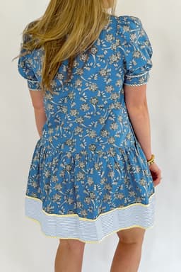 image-Blue Plus Size Floral Print Striped Patchwork Detail Button Front Ruffle Hem Dress