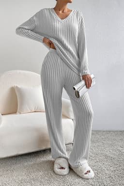 image-Ribbed Knit V Neck Slouchy Two-Piece Outfit - Khaki Modern Chic