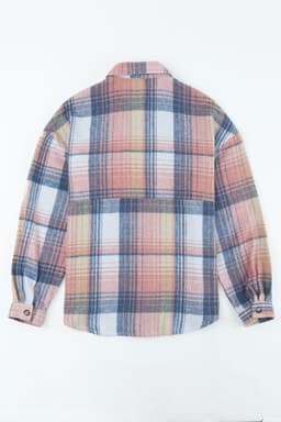 image-Shacket with Pink/Black Plaid Flap Pockets - Chic Style, Loose Fit (65 characters)