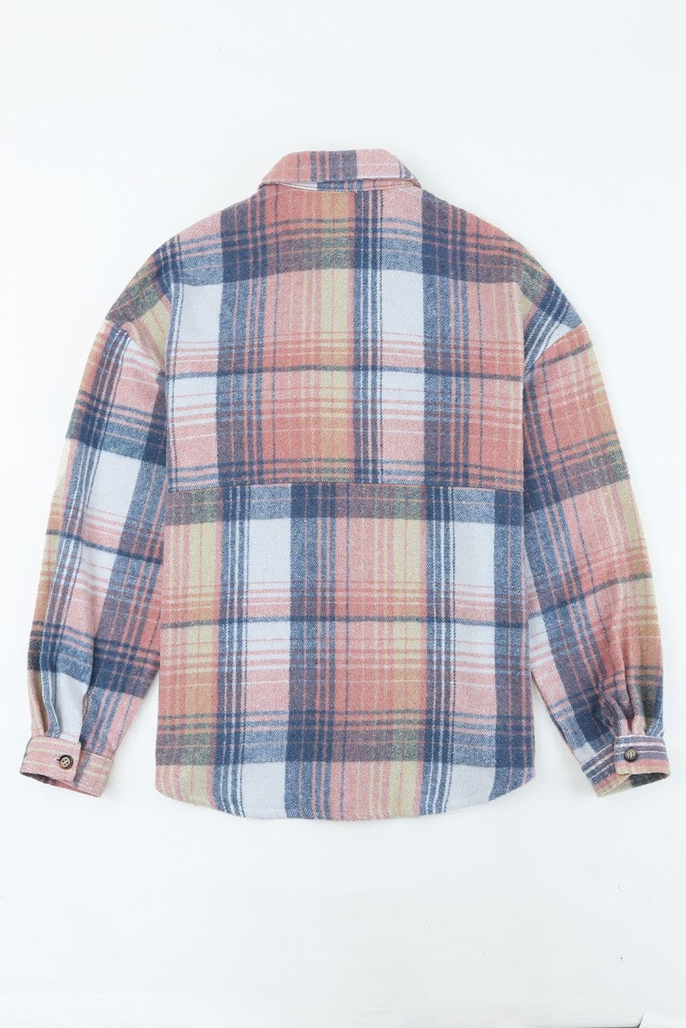 image-Shacket with Pink/Black Plaid Flap Pockets - Chic Style, Loose Fit (65 characters)