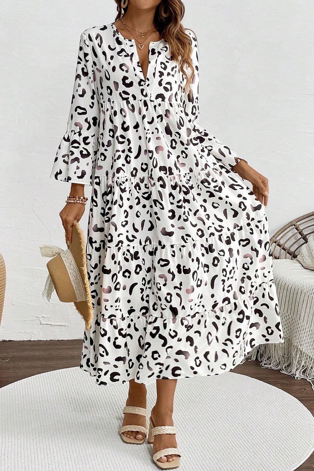image-White Leopard Print Maxi Dress V-Neck Loose Fit Elegant Tiered Design