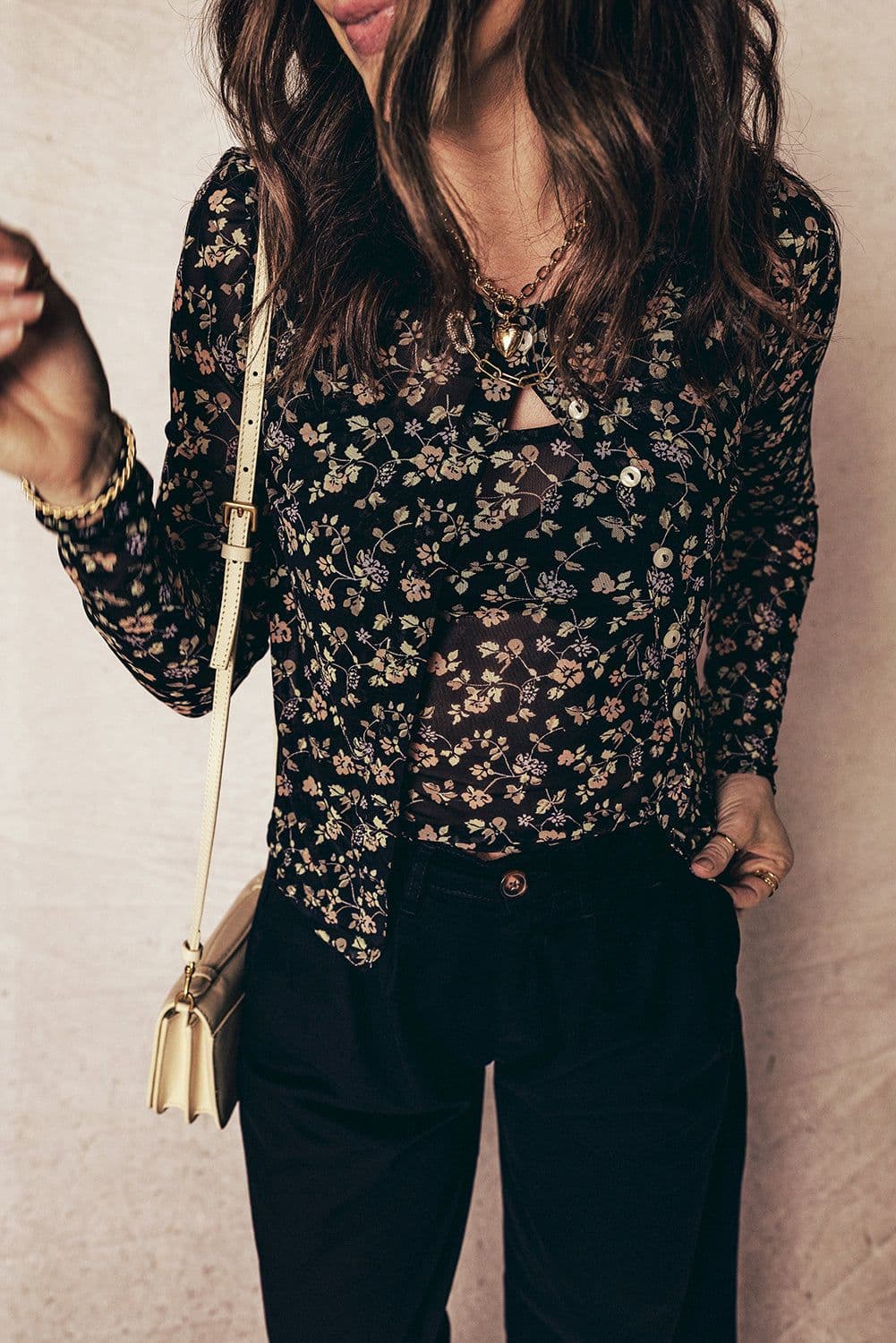 image-Black Floral Print Mesh Tank Button Front Slim Cardigan 2pcs Set