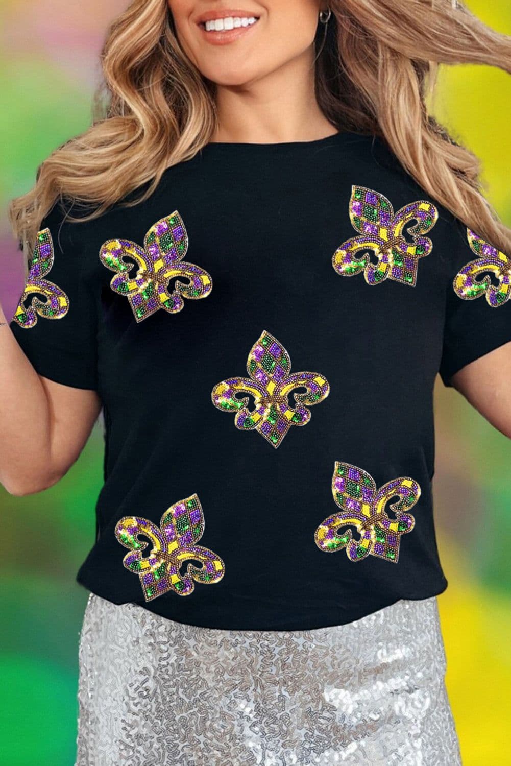 image-Mardi Gras Sequin Fleur de Lis Graphic T-Shirt - Black