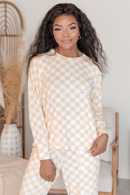 image-Checkered Print Lounge Set - Beige Long Sleeve Top & Pants Set