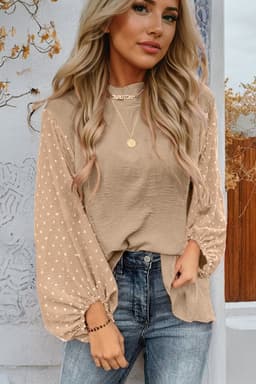 image-Gossamer Pink Swiss Dot Balloon Sleeve Blouse - Elegant & Romantic Design