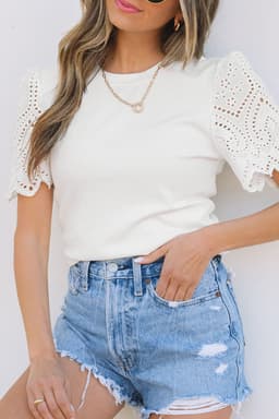 image-White Eyelet Pattern Short Sleeve Patchwork Ribbed Top