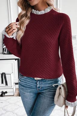image-Burgundy Contrast Lace Frilled Trim Raglan Sleeve Sweater