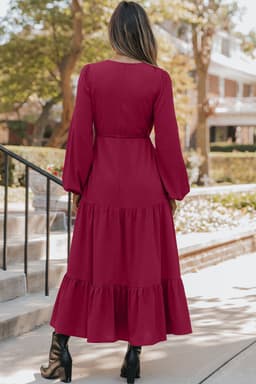 image-Burgundy Solid Long Sleeve Button V Neck Tiered Maxi Dress