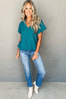 image-Blue Sapphire Crinkled V Neck T-shirt - Women's Fashion