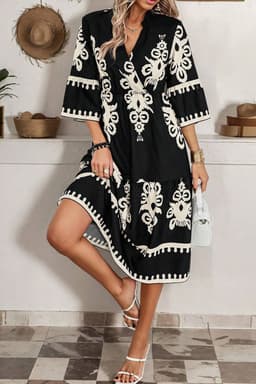 image-Geometric Print 3/4 Sleeve Loose Midi Dress - Black