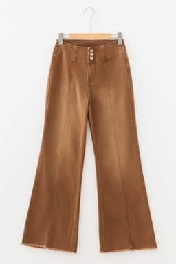 image-Coffee High Waist Flare Jeans - Button Fly Raw Hem