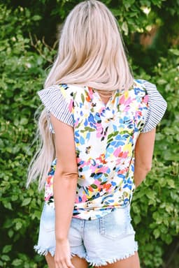 image-Light Blue Floral Print Blouse - Striped Ruffled Sleeves