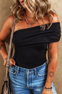 image-Solid Color Pleated One Shoulder Bodysuit - Black