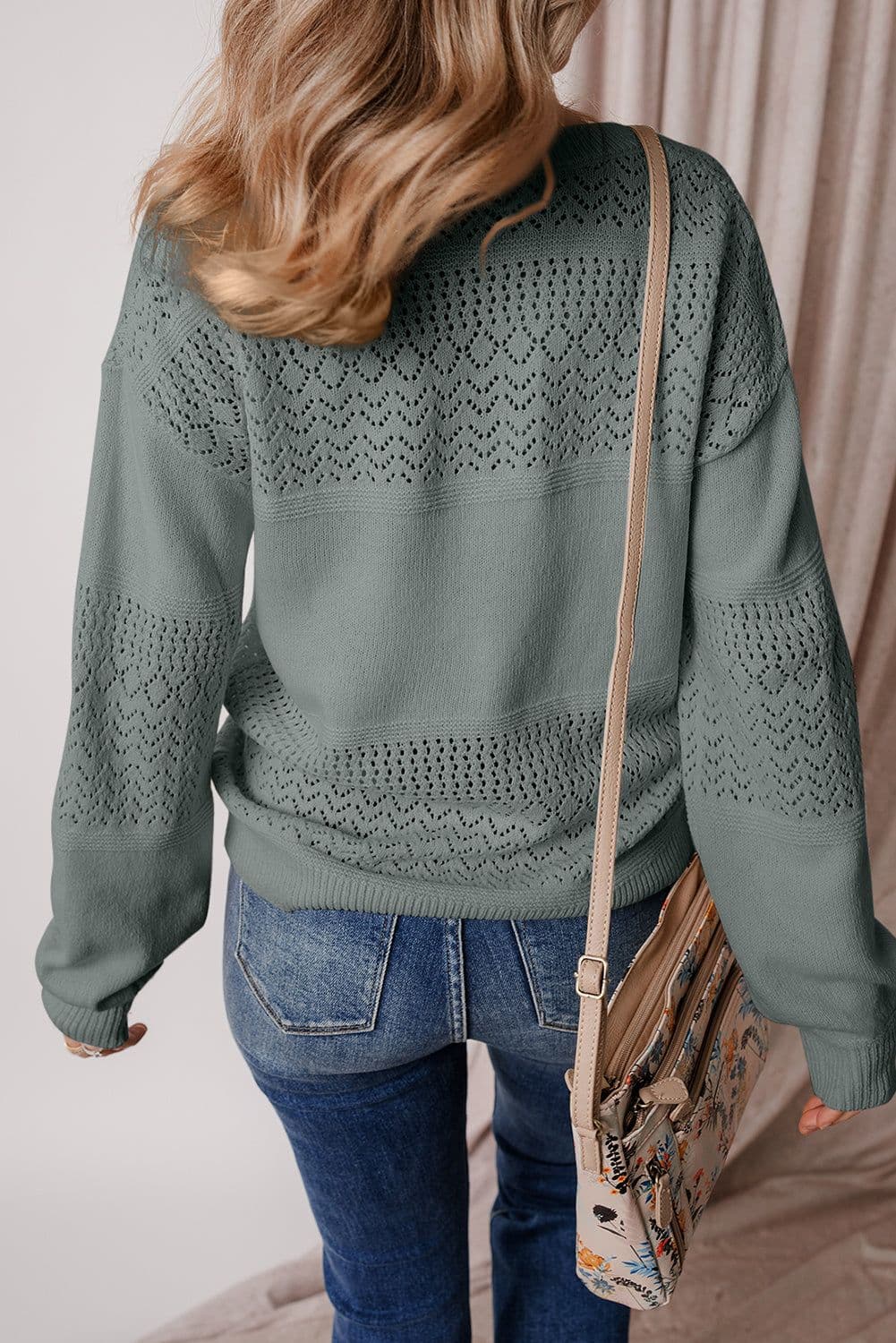 image-Sky Blue V Neck Eyelet Sweater Drop Shoulder