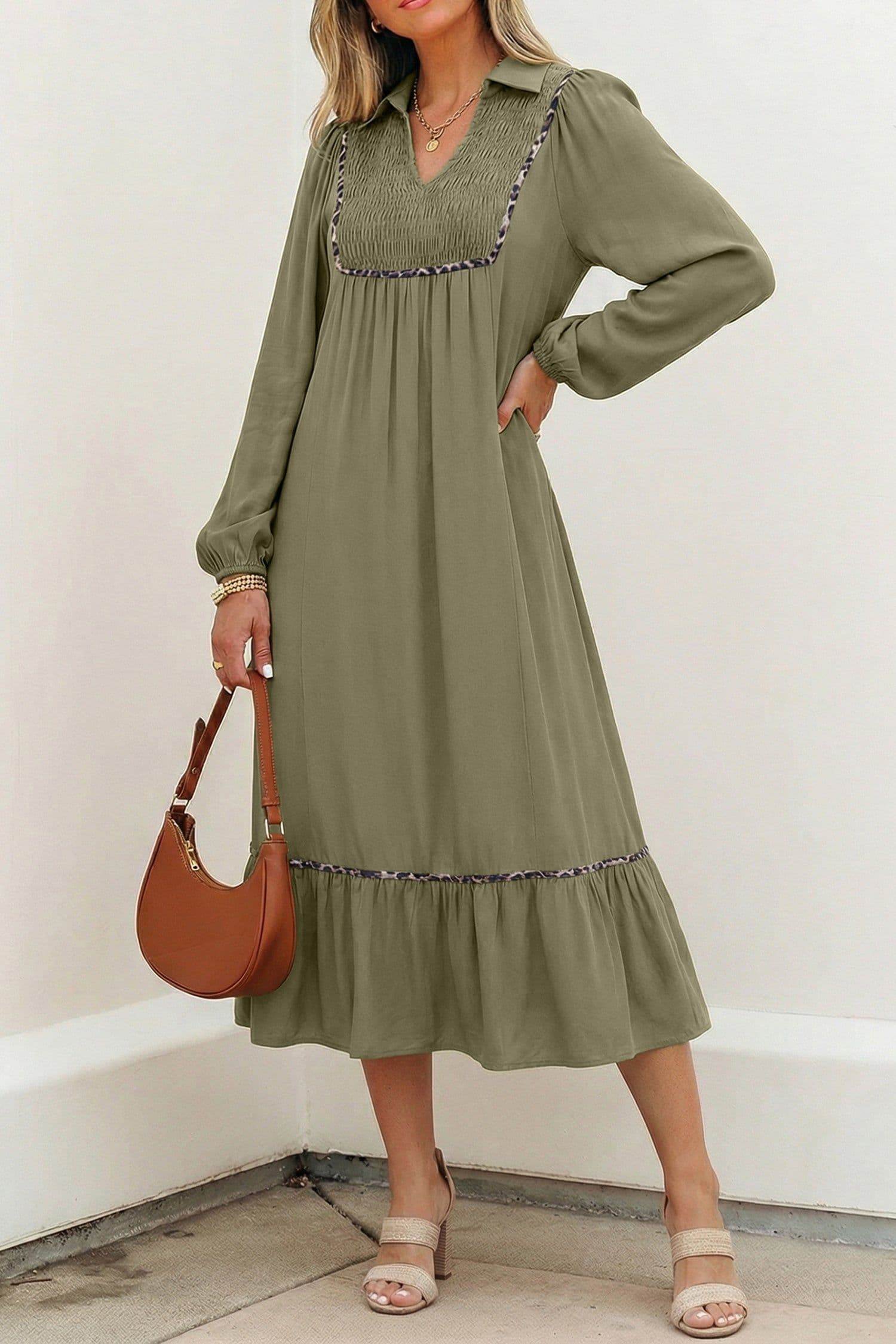 image-Black V Neck Smocked Dress - Leopard Trim