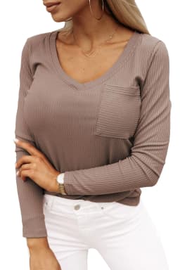 image-Khaki Ribbed Knit V Neck Top Chest Pocket