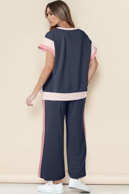 image-Navy Blue Color Block Detail Casual Two-piece Set