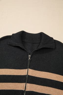 image-Oversized Stripe Collared Quarter Zipper Sweater - Black (60 chars)