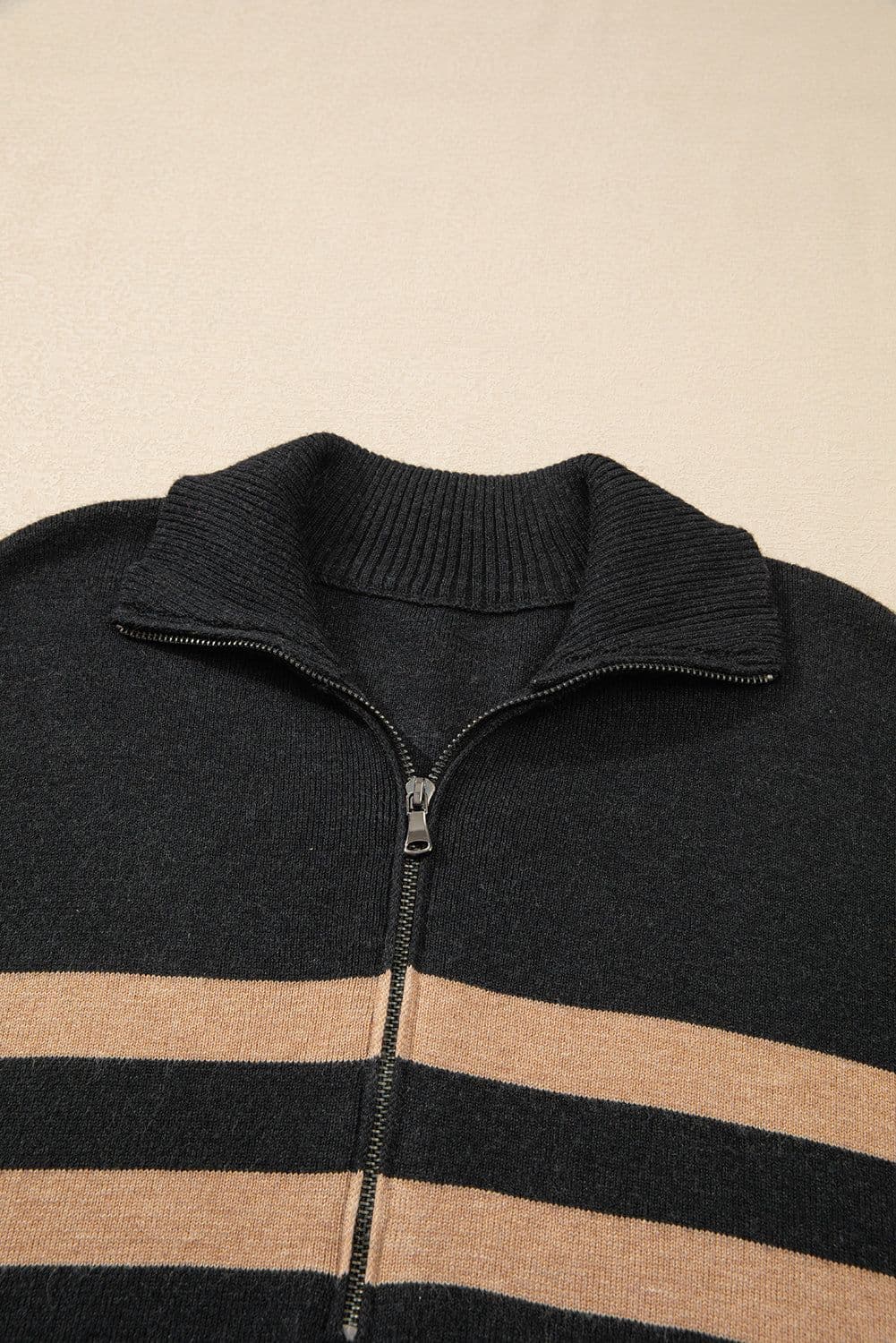 image-Oversized Stripe Collared Quarter Zipper Sweater - Black (60 chars)
