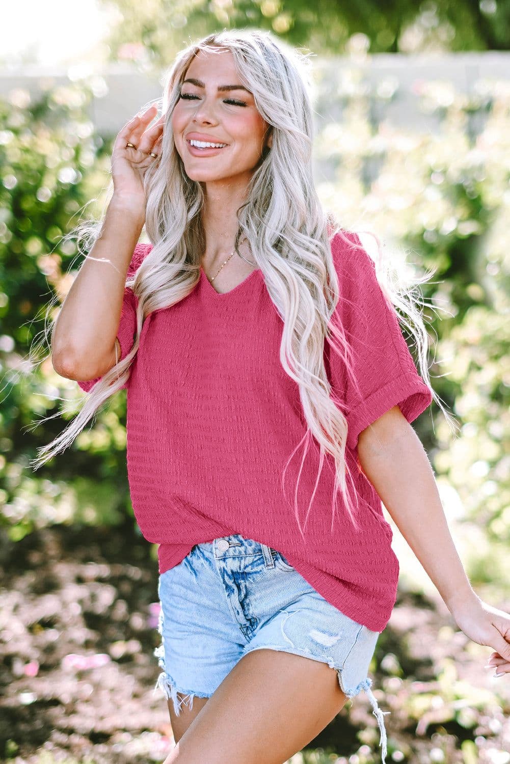 image-Bright Pink Textured V Neck Rolled Sleeve Tee - Loose Fit