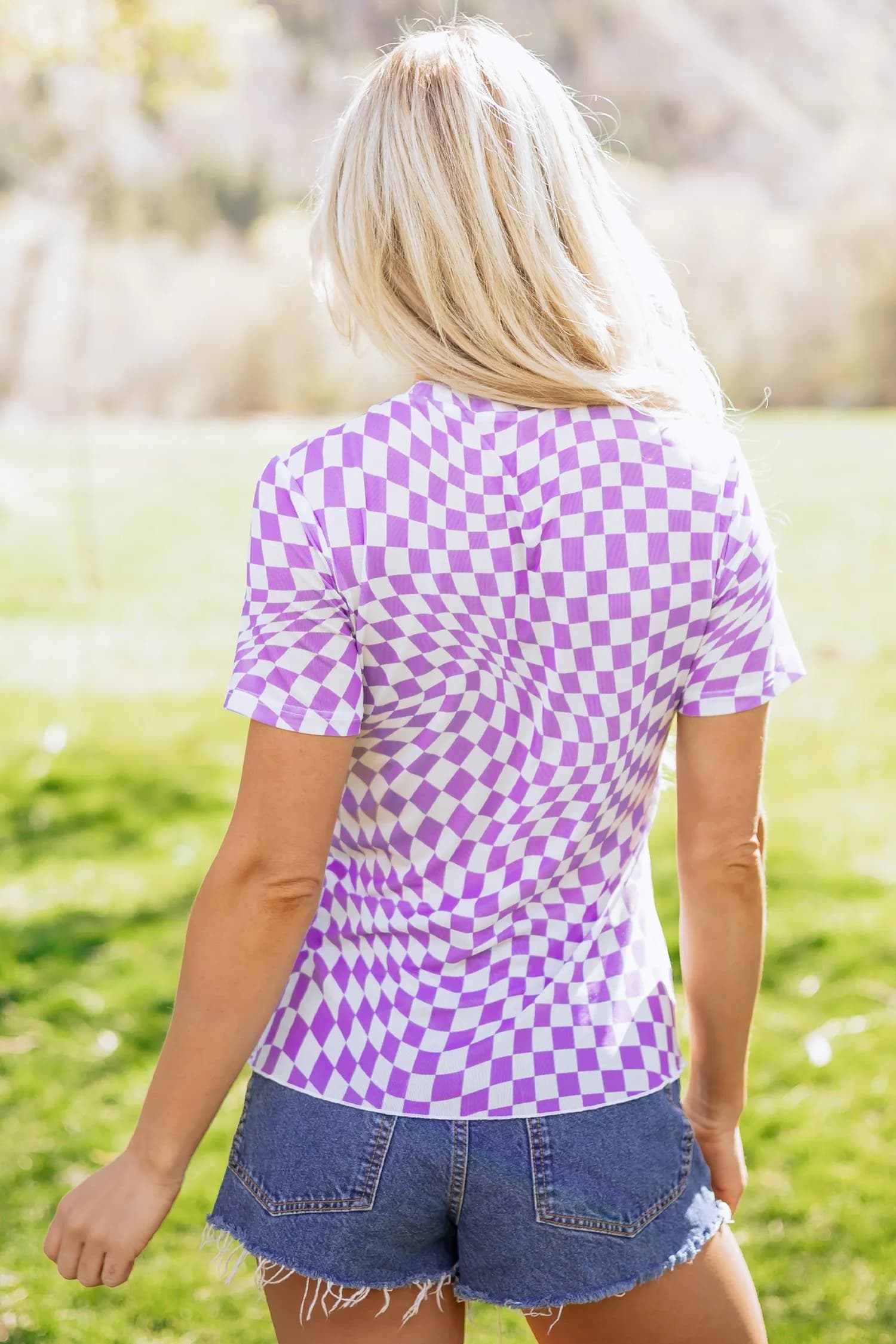 image-Khaki Checkered Print Mesh T Shirt