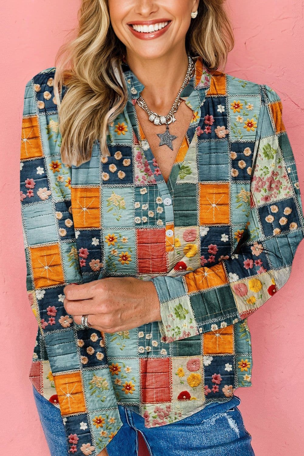 image-Sky Blue Fall Floral Half Placket Collared V Neck Blouse