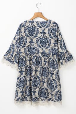 image-Vintage Printed Lace Trim V Neck 3/4 Sleeve Dress - Sky Blue
