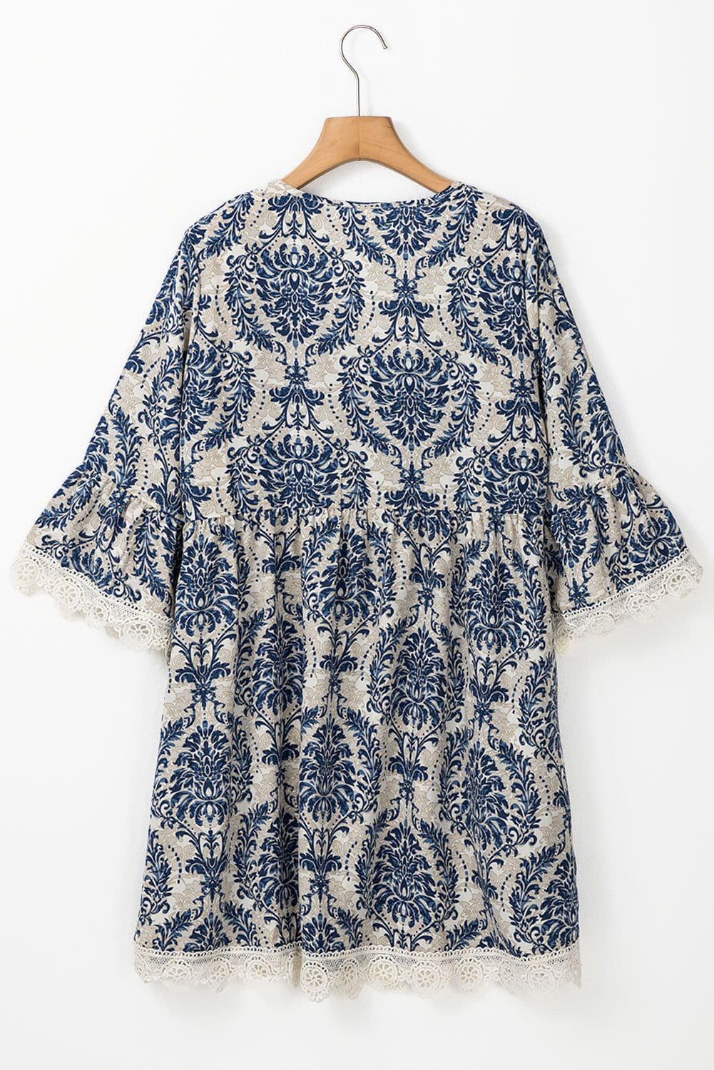 image-Vintage Printed Lace Trim V Neck 3/4 Sleeve Dress - Sky Blue