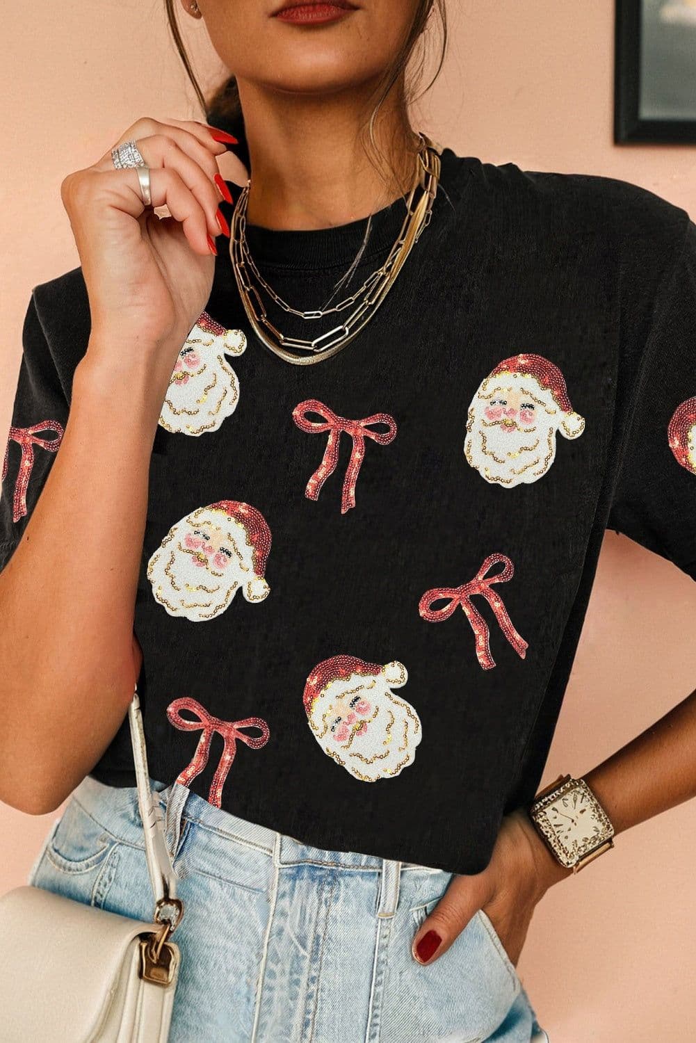 image-Black Sequin Bow Santa Claus Patch T-Shirt