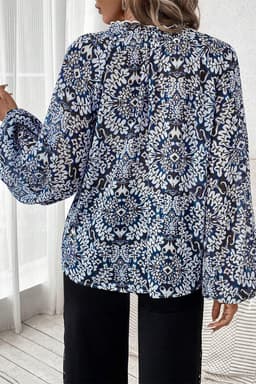 image-Tribal Print Lace-up Frilled Neck Puff Sleeve Blouse - Blue