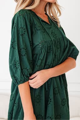 image-Blackish Green Embroidered Eyelet Puffy Sleeve Mini Dress