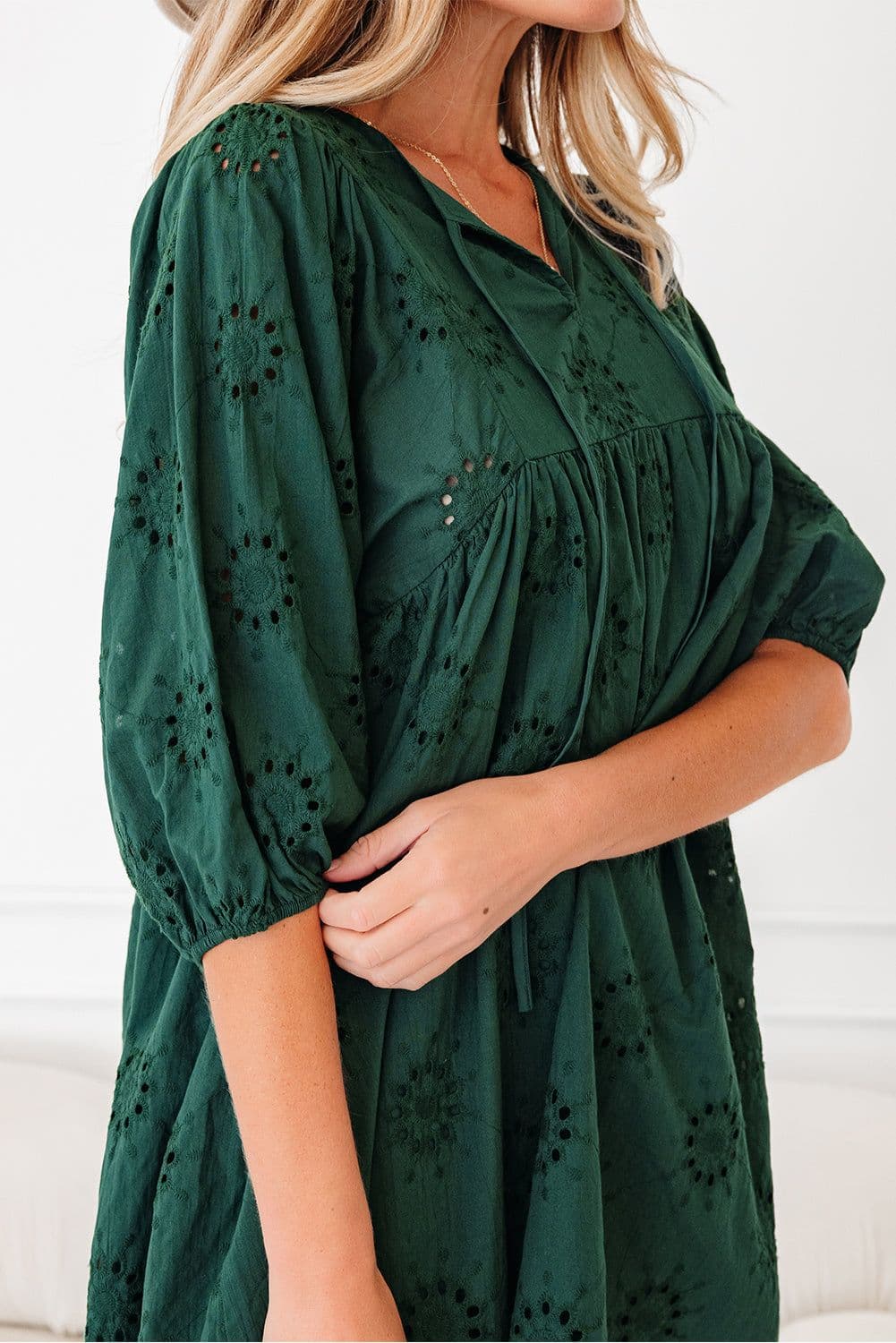 image-Blackish Green Embroidered Eyelet Puffy Sleeve Mini Dress