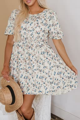 image-Beige Floral Puff Short Sleeve Empire Waist Mini Dress