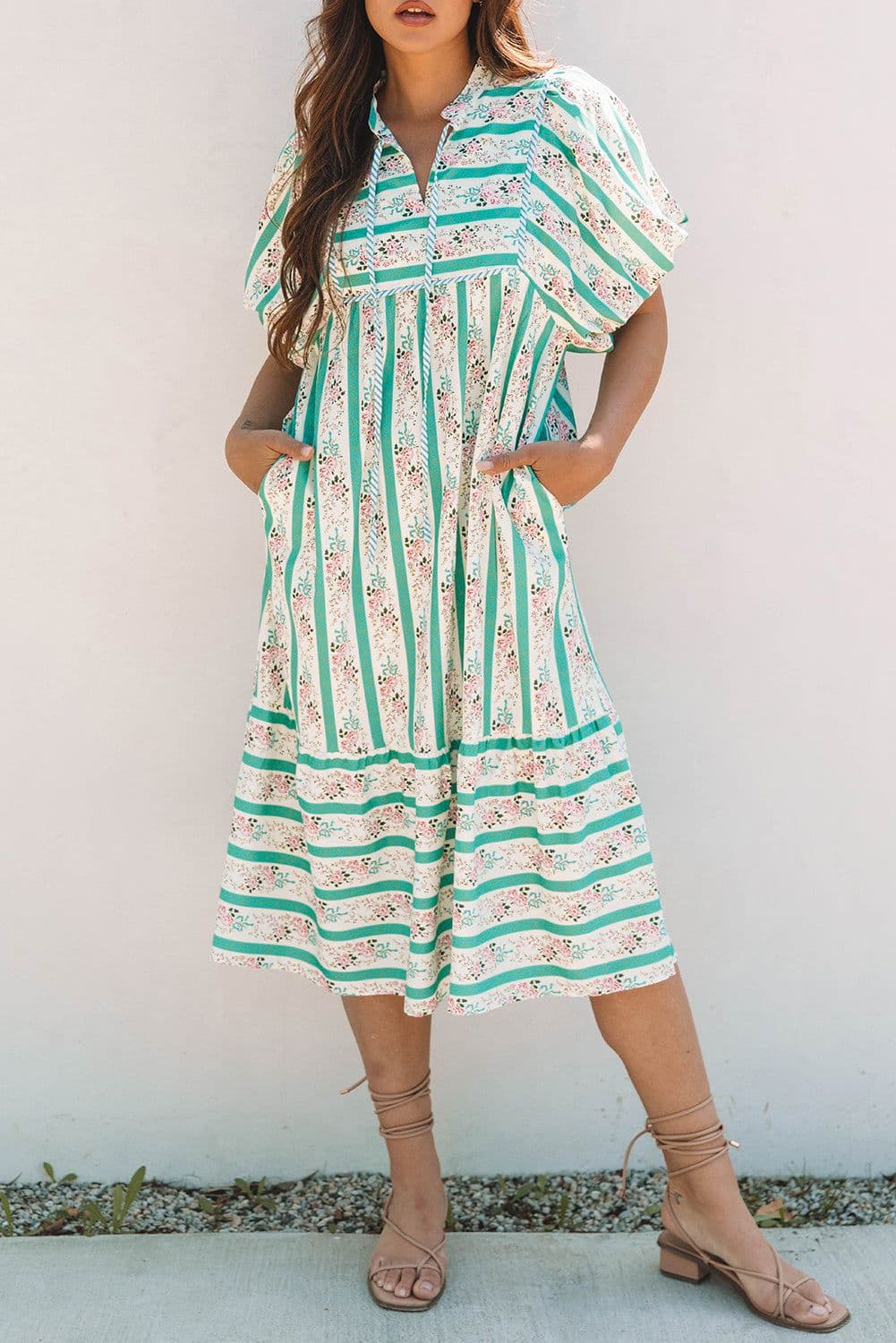 image-Multicolour Striped Floral Print Midi Dress - Split Neck