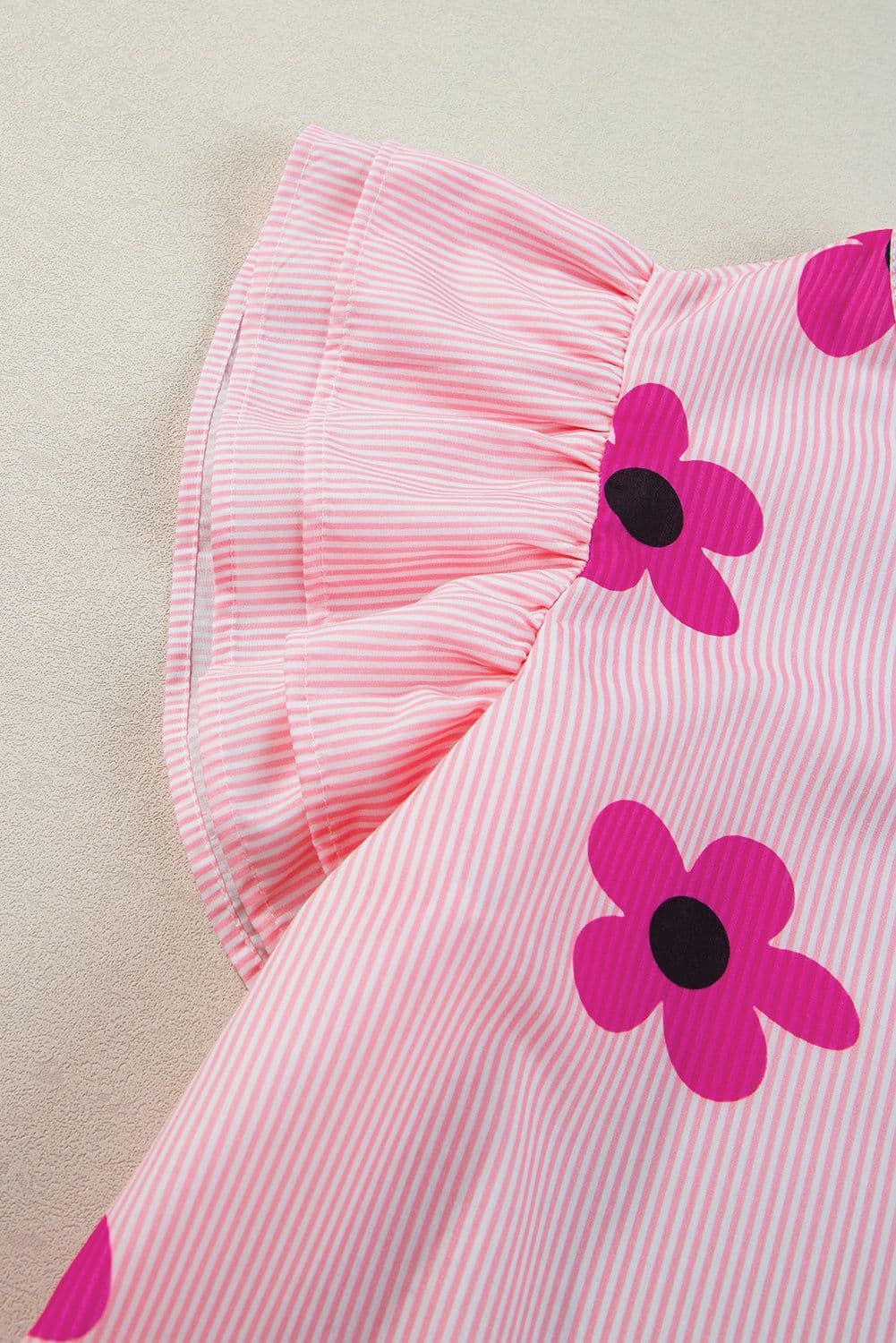 image-Floral Print Ruffled Sleeve Blouse - Pink Pinstripe - Sizes Available