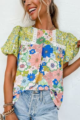 image-Green Bubble Sleeve Lace Trim Floral Blouse