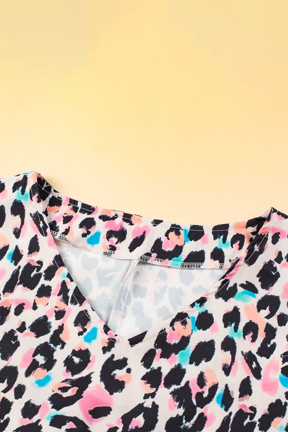 image-Brown Leopard Print V Neck Batwing Sleeve Top