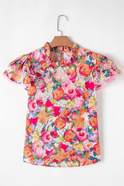 image-Floral Short Sleeve Ruffled Lace Trim Blouse (58 characters)